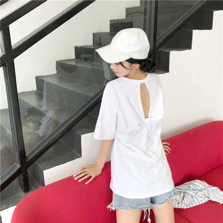 Лето повседневные женские футболки Ulzzang уличная мультяшная футболка с открытой спиной Топы Harajuku короткий рукав Футболка