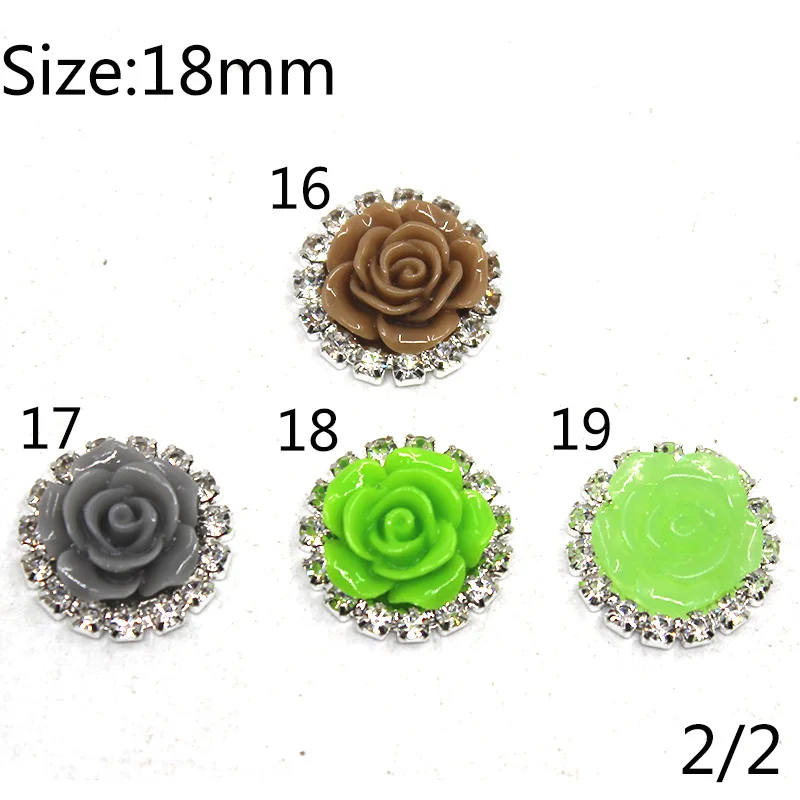 Round Resin Flower Flatback, Shiny Rhinestones, DIY Hair Accessories, Interchangeable Button, 19 Color, 18mm, 10Pcs 2