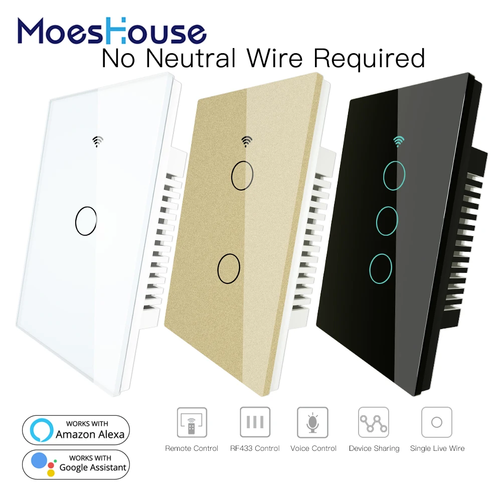  RF433 WiFi Smart Wall Touch Switch No Neutral Wire Needed Smart Single Wire Wall Switch Work with A - 4000460057355