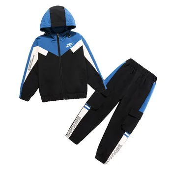 

Boys Hooded Long Slleeve Spring Autumn 2PCS Zipper Clothing Set Color Patchwork Loose Fit Korean Style Clothing Set Sports Set