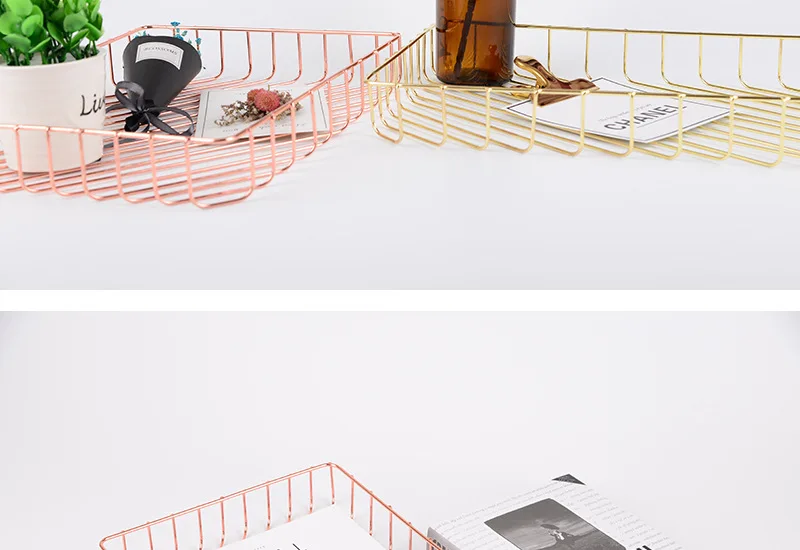 Nordic style Danish ins gold A4 storage basket Rose gold wrought iron storage basket Desktop fruit finishing