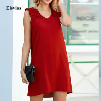 

Sexy Double V Neck Sleeveless Women Mini Dress Summer Elegant Office Lady A-Line Dress Solid Pleated Ruffle Straps Party Dresses