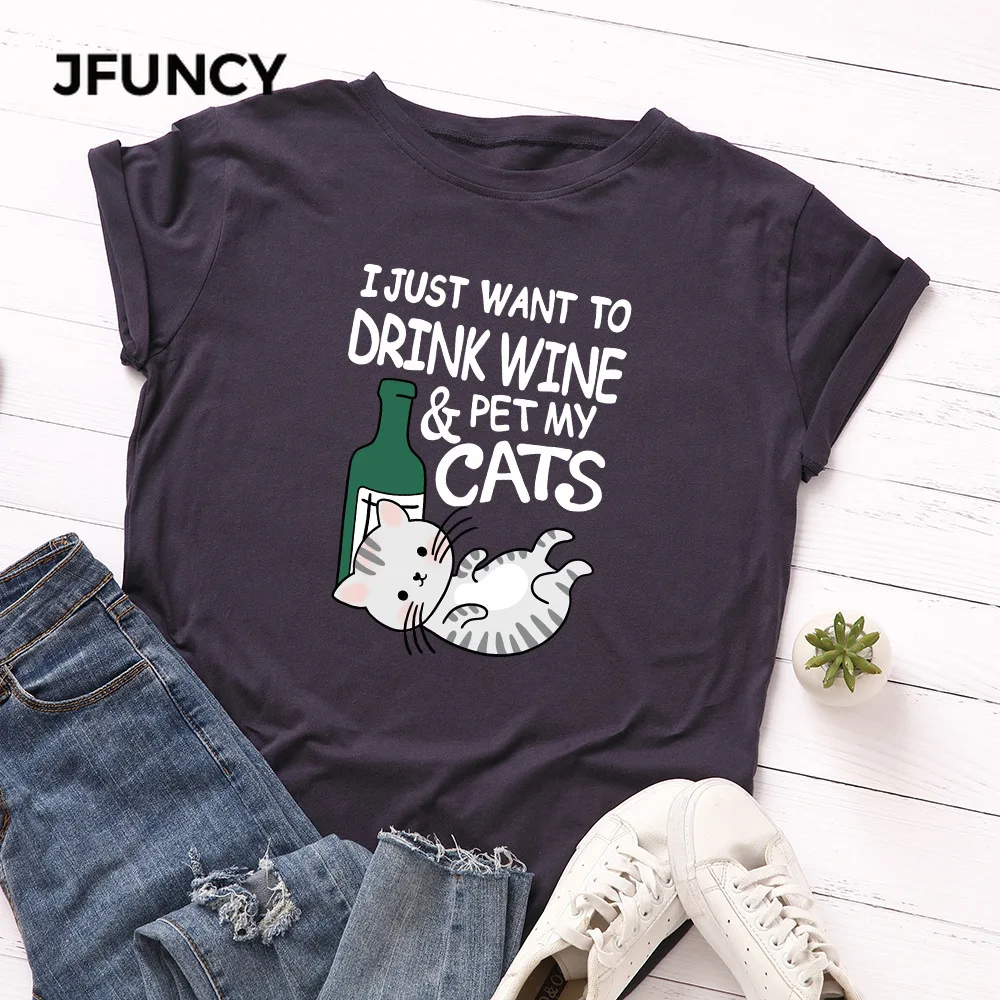 

JFUNCY Plus Size Women Summer T Shirt Cute Cartoon Cat Cotton Tee Top Camiseta Mujer Casual Loose Woman T-shirt Female Tshirt