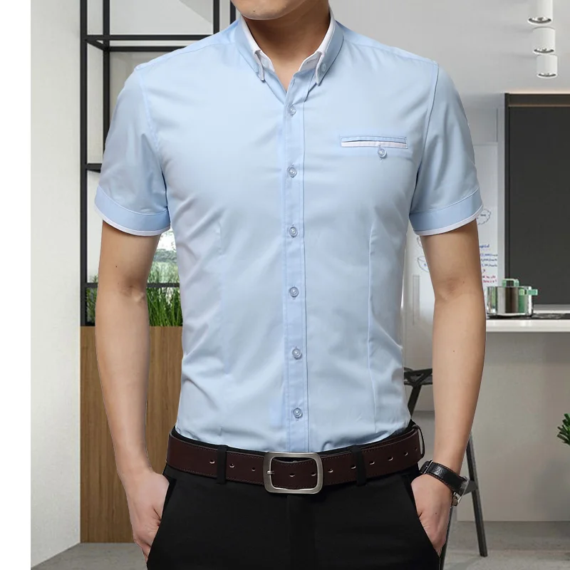 Light blue Новое поступление, брендовая мужская летняя деловая рубашка, рубашка с короткими рукавами и отложным воротником, рубашка-смокинг, мужские рубашки больших размеров 5XL - Цвет: Light blue