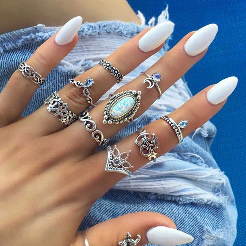 Bague Femme, винтажные кольца для женщин, геометрической формы, в стиле бохо, цветок, кристалл, кольцо на кончик пальца, набор, богемный, миди, ювелирные изделия, серебряный цвет