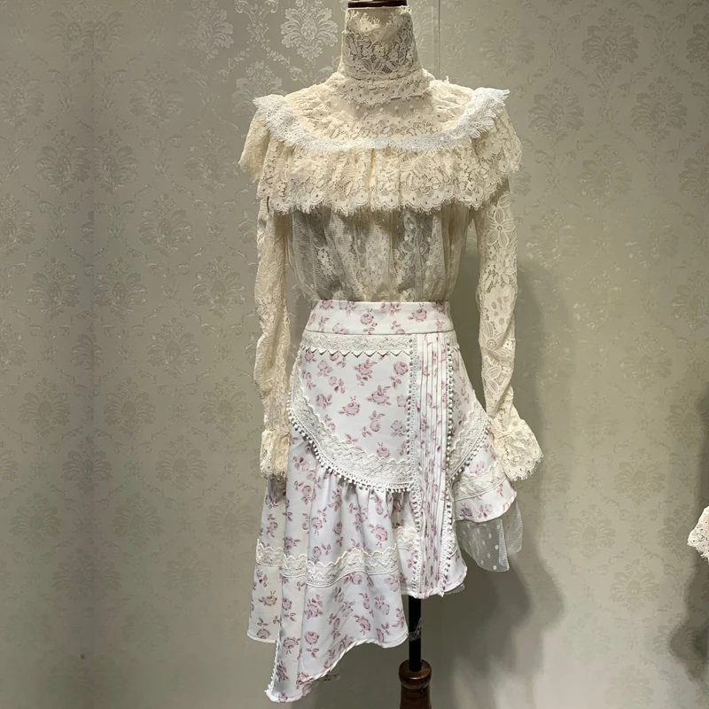 Sets Floral Print Lace Woman 2 Piece Skirts Sets Long Sleeve Ruffles Mesh Female Blouse High Waist Tassel Irregular Skirts Two Piece - Цвет: Sets