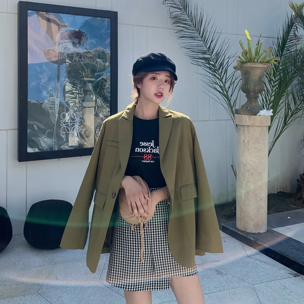 

Avocado Green Small Suit 2019 Autumn New Style Hong Kong Style Retro Loose-Fit Versatile after Waist Drawstring Short-height Coa