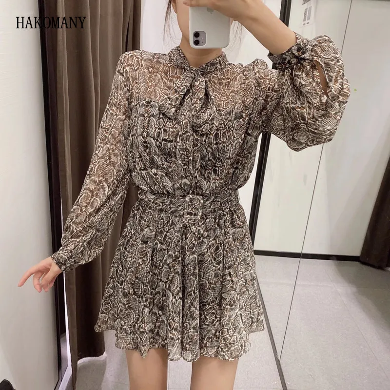 2020 Retro Animal Snake Print Long sleeve Dress Women Tie Bow Collar With Buckle Belt Mini Short Shirt Dresses