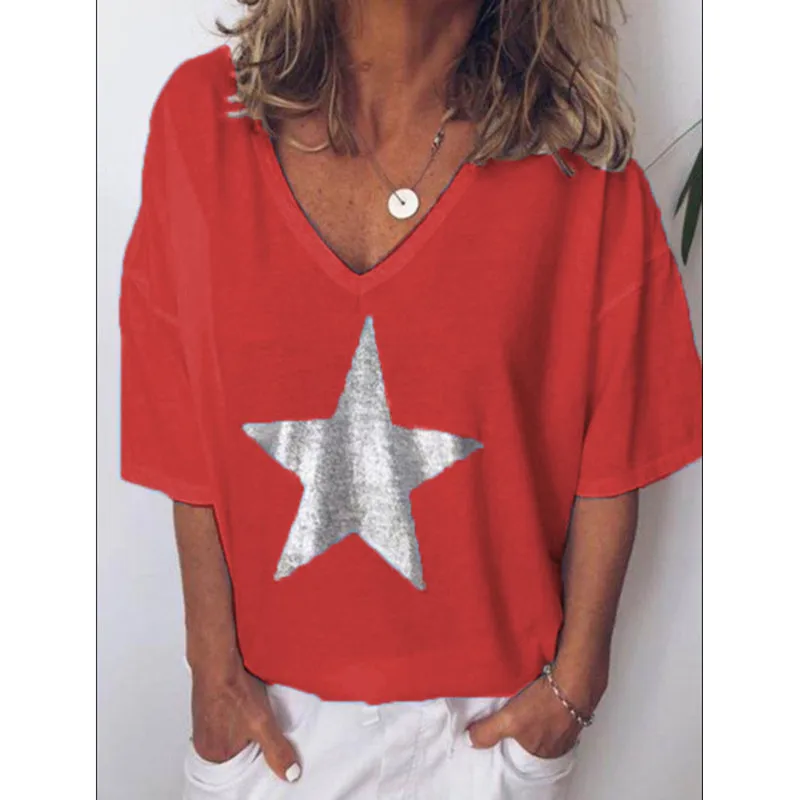 Новинка, модная женская футболка с блестками, v-образный вырез, пятиконечная звезда, топы, футболки для женщин, короткий рукав, для улицы, для девушек, плюс размер, код S-5XL - Цвет: Красный