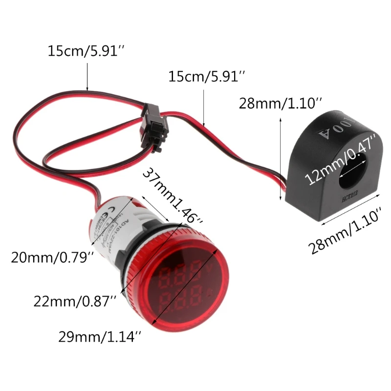 Digital Voltmeter Ammeter 22mm Round AC 50-500V 0-100A Voltage Volt Amp Monitor