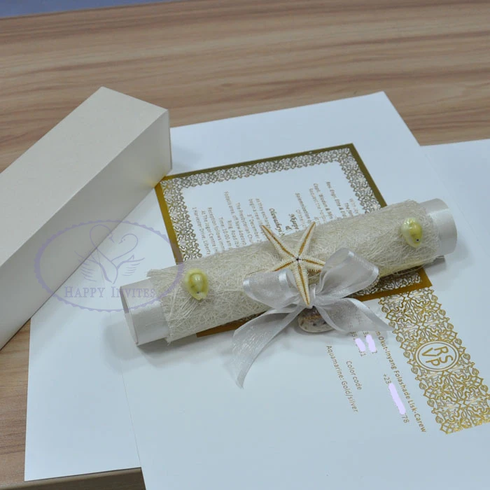 HI2056-01 Ocean Theme Wedding Invitation Scroll Invitations with Natural Starfish