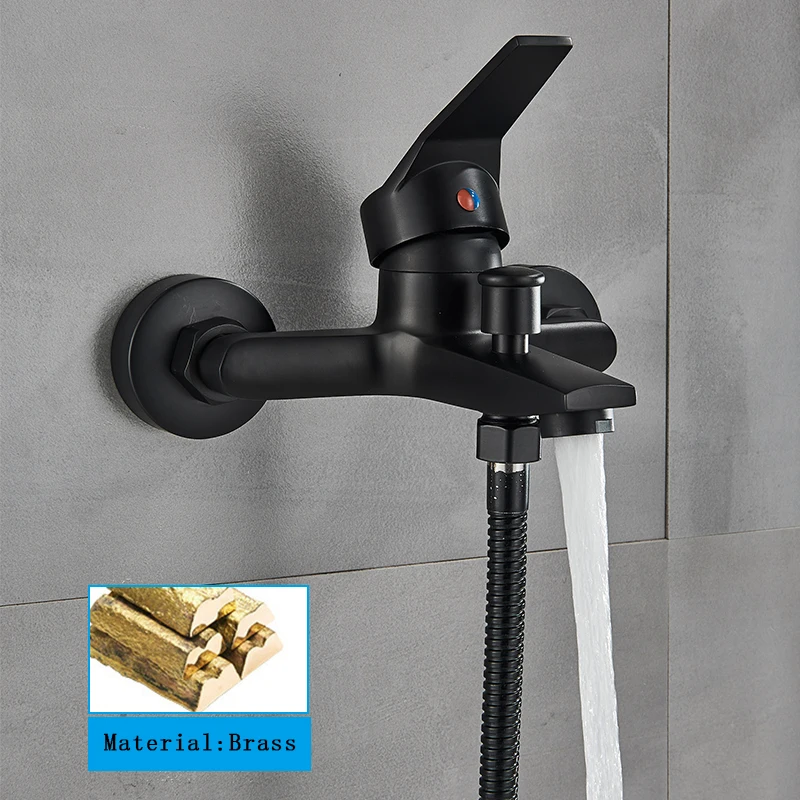 Black Bathroom Bathtub Faucet Hot Cold Water Mixer Tap Wall Mount Faucet With Handheld Shower Bathtub Outlet 3