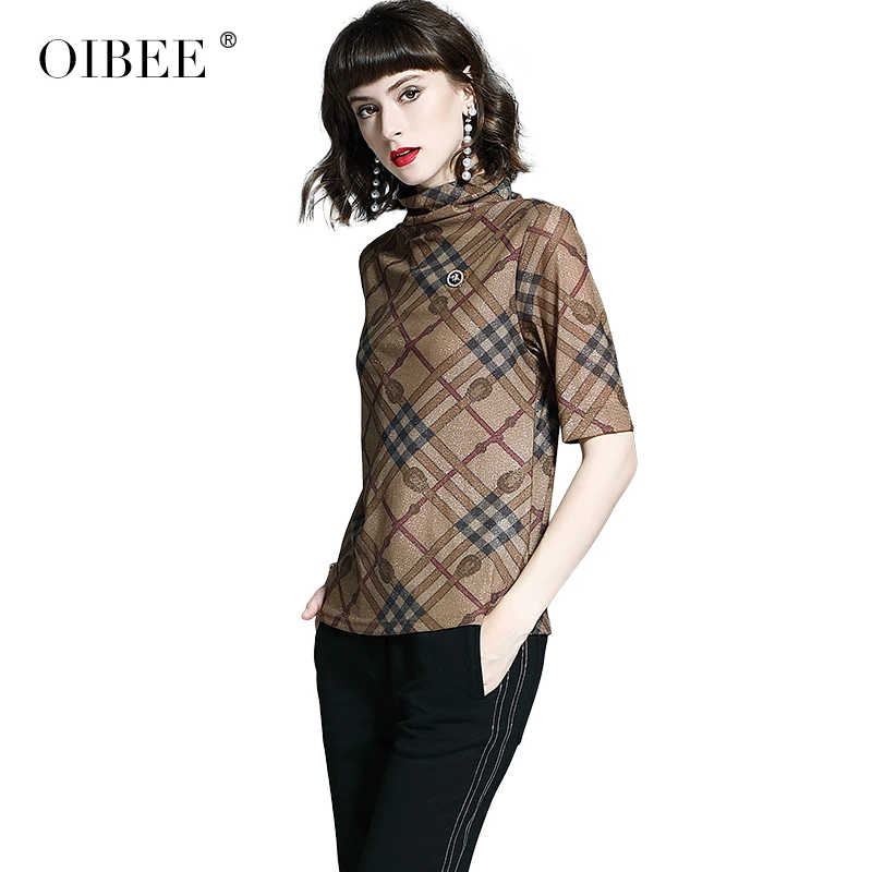 OIBEE2019 Женская Осенняя мода женские Топы футболка с коротким рукавом трикотажная эластичная женская рубашка с высоким воротником