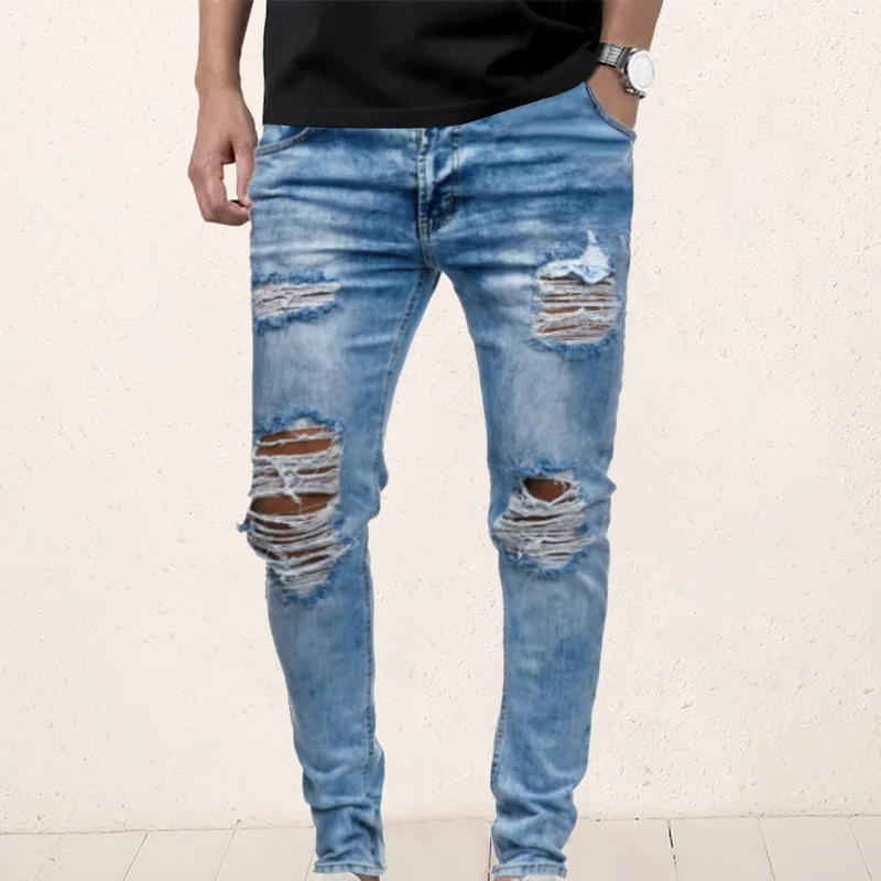 Mens Ripped Jeans for men Casual Black Blue Skinny slim Fit Denim Pants Biker Hip Hop Jeans with sexy Holel Denim Pants drop Mens Ripped Jeans for men Casual Black Blue Skinny slim Fit Denim Pants Biker Hip Hop Jeans with sexy Holel Denim Pants drop