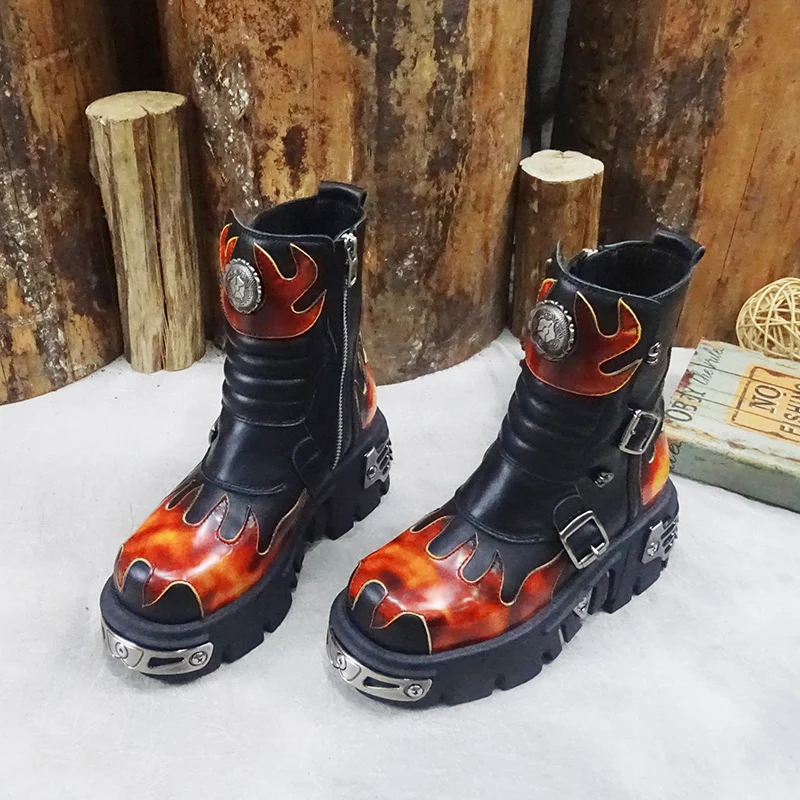 

Womens Genuine Leather Round Toe Platform Buckle Flame Punk Gothic Rivet Studed Wedge Heels Shoes Metallic 5Styles New A1895