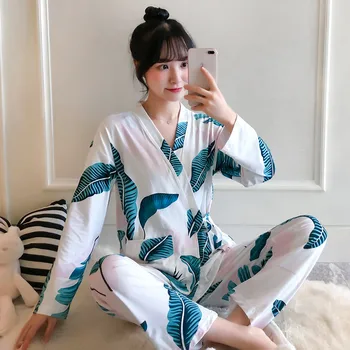 

New Fashion Women's Pajamas For Women Leaves-patterned Spring Autumn Kimono Premium Pyjama Sets Female Casual Sleepwear Pijama