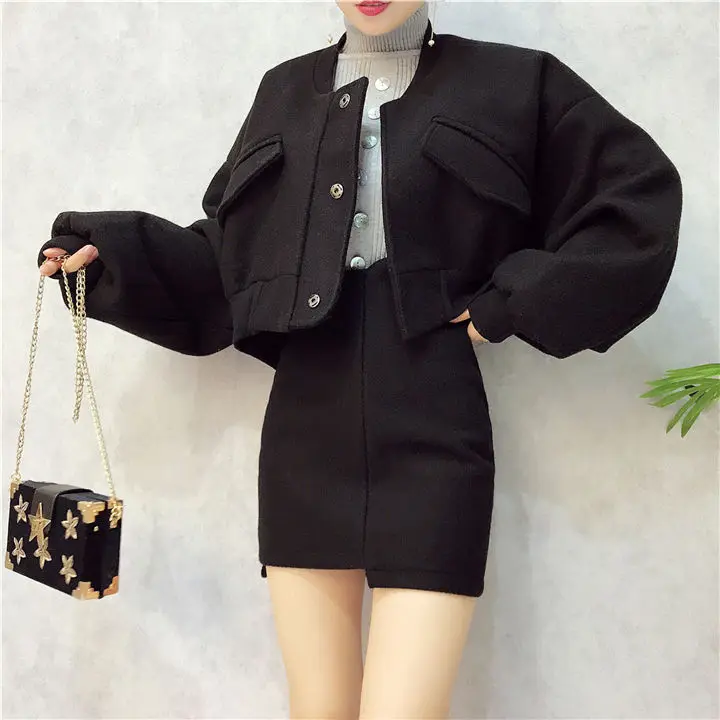 Autumn Winter Designer Suit Set Women's Woolen Baseball Loose Coats Short Tops And Slim Mini Skirt Suits Set NS969