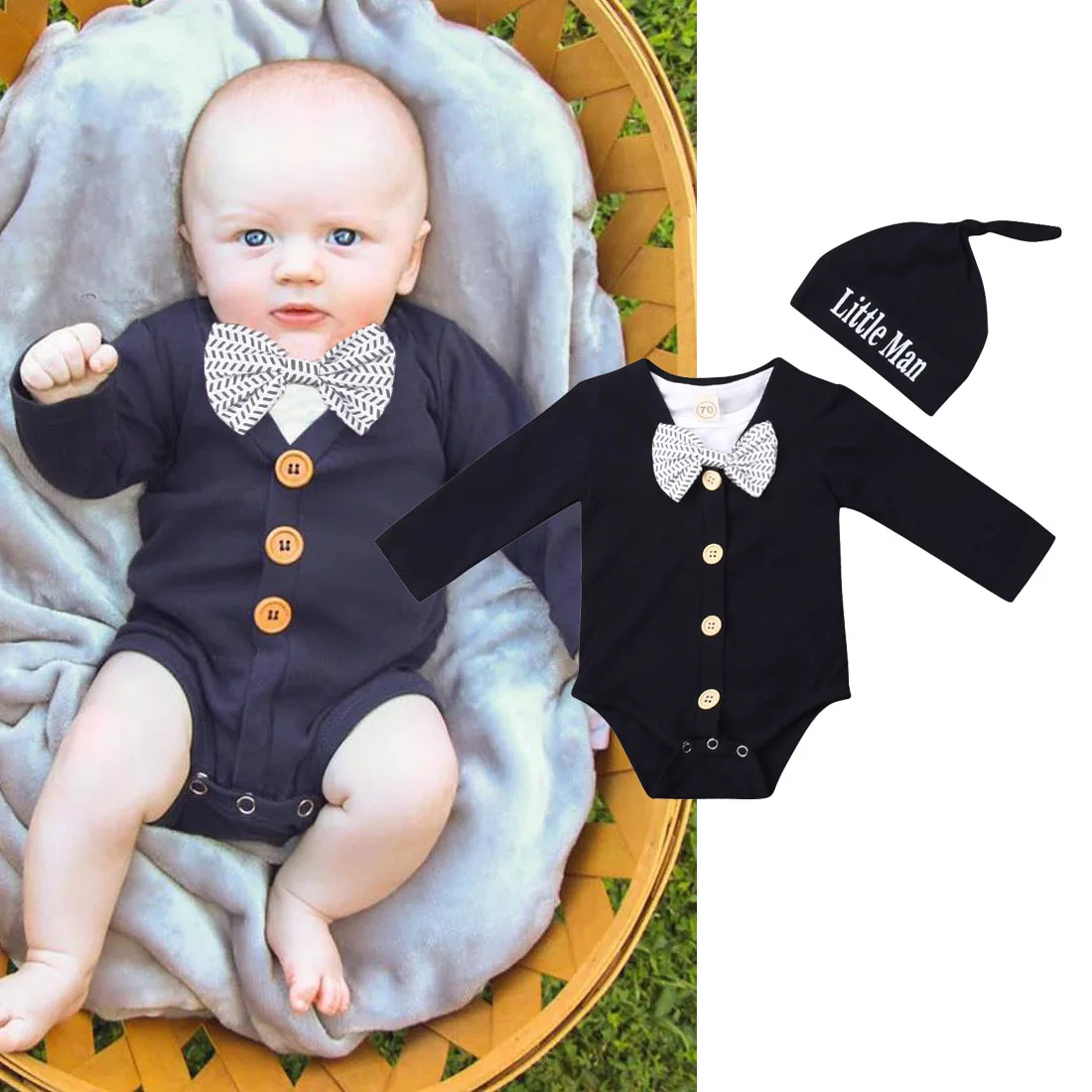 Осенняя одежда для новорожденных мальчиков, США одежда для джентльмена комбинезон с галстуком-бабочкой+ шапочка, комплект одежды из 3 предметов
