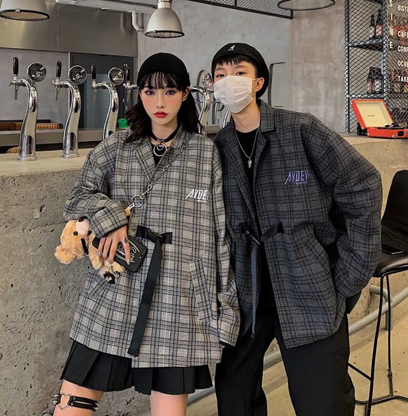 Письмо вышивка японский Harajuku клетчатая куртка женская верхняя одежда весна осень пряжка для кардигана блейзеры консервативный BRIT GRAPHICS