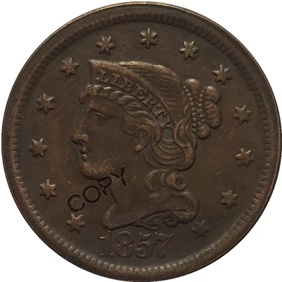 США 1839-1857 Заплетенные волосы большой цент копии монет - Цвет: 1857