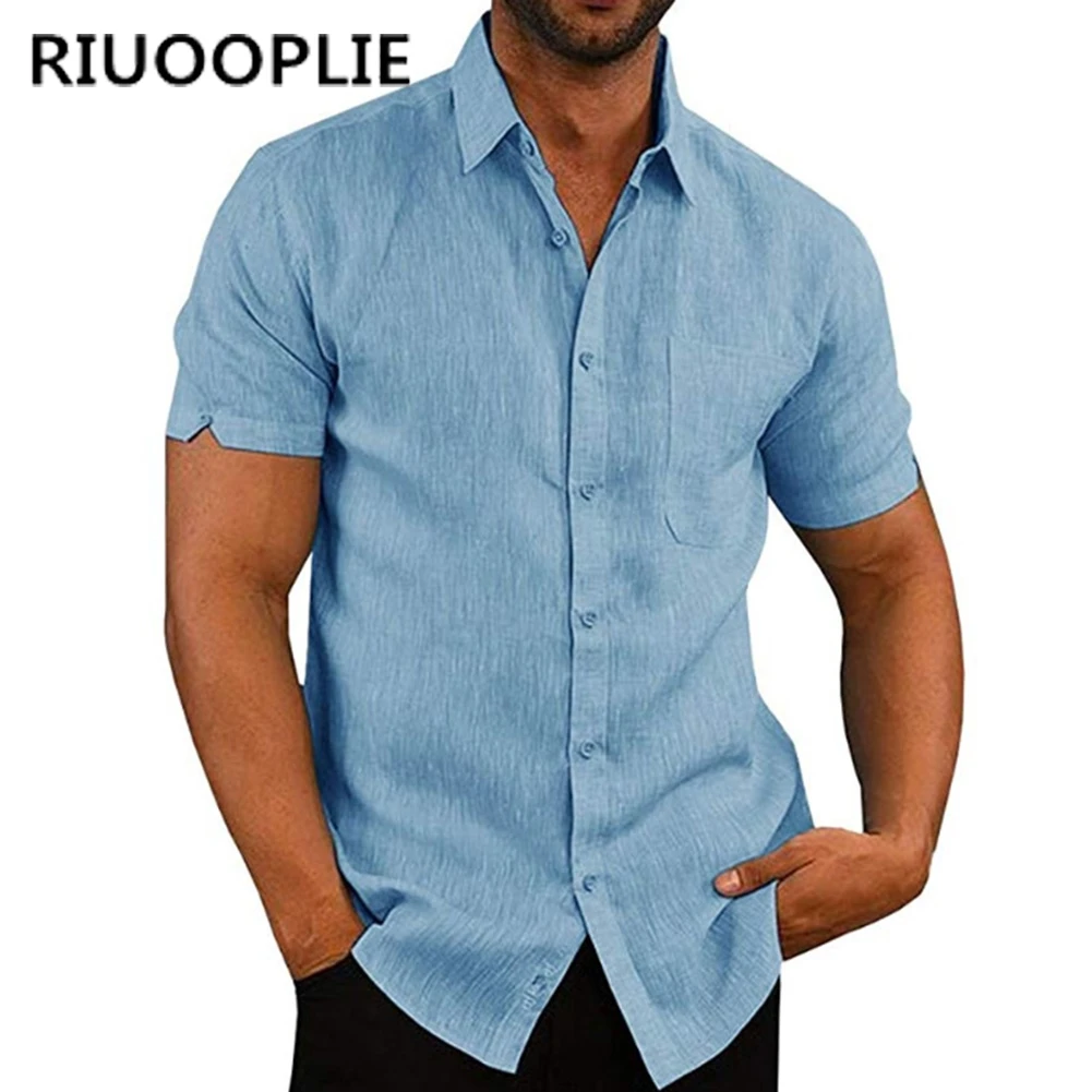 RIUOOPLIE, новинка, модные мужские летние однотонные рубашки с коротким рукавом, Свободная Повседневная блузка, Мягкий Топ, хлопковые удобные дышащие рубашки