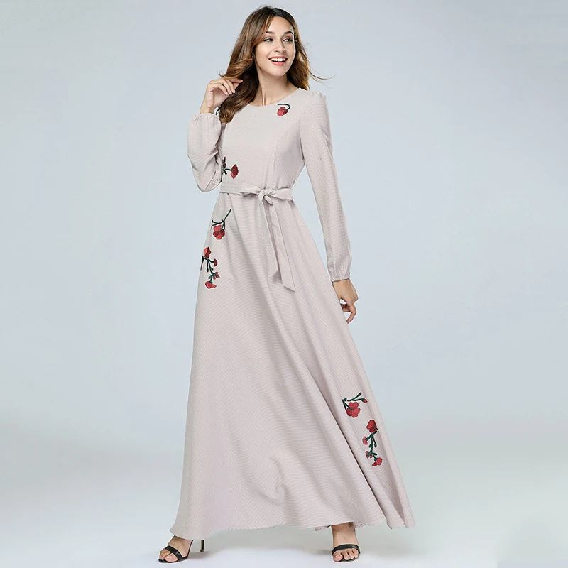 Новый Ближний Восток мода вышивка Исламская с длинным рукавом Макси платье мусульманских Абая Дубай Арабский халат кафтан Marocain молитва