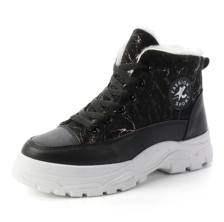 black winter shoes Женская Повседневная обувь; коллекция года; Модные женские кроссовки из искусственной кожи; обувь на плоской подошве; теплая плюшевая женская обувь на платформе; зимняя обувь с высоким берцем - Цвет: black winter shoes