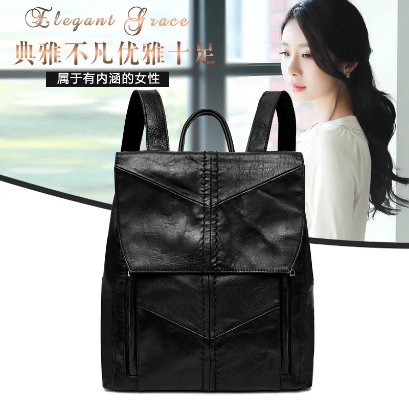

New Style 2018 Backpack Women's Genuine Leather Europe And America Style Full-grain Leather Versatile Solid Color Backpack