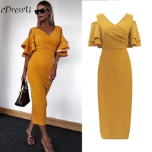 Женское миди вечернее платье Элегантное винтажное Макси Бандажное платье бодикон Vestido сексуальное V образным вырезом желтое женское осеннее платье MC-2437