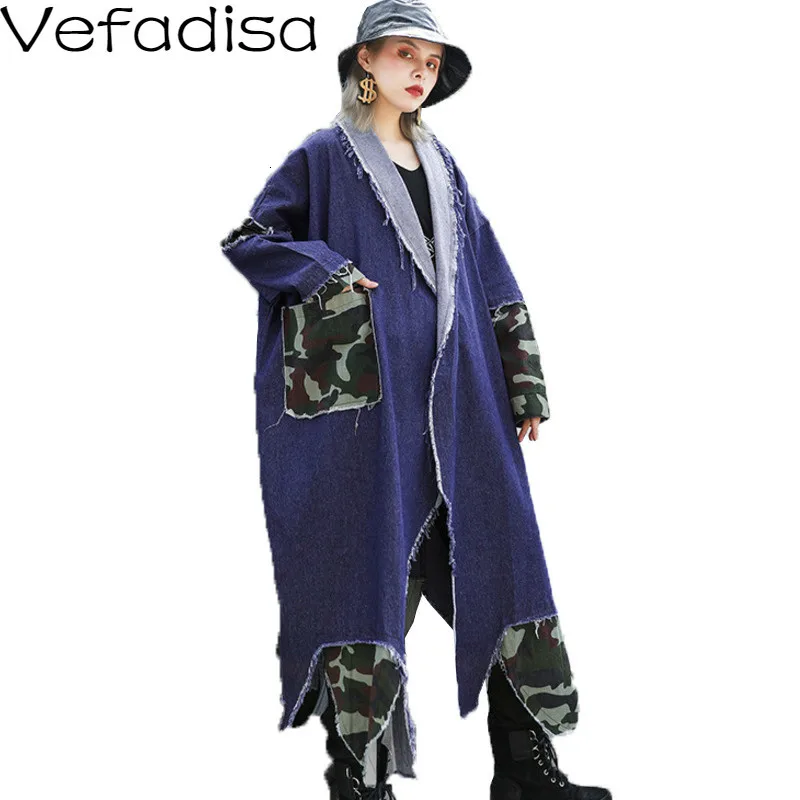 Vefadisa, джинсовый Тренч с открытой строчкой, зима, камуфляжное лоскутное джинсовое пальто, v-образный вырез, нестандартный Тренч, Женское пальто, QYF905