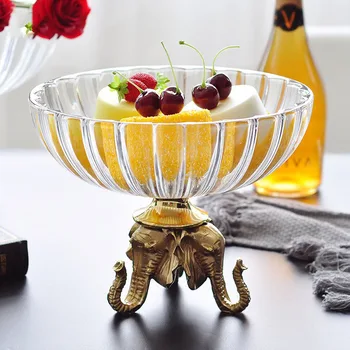 

Luxury Elephant Head Gold Brass Statue Home Glass Fruit Plate Living Room Creative Decor Dried Fruit Plate Fruit Bowl Candy Dish