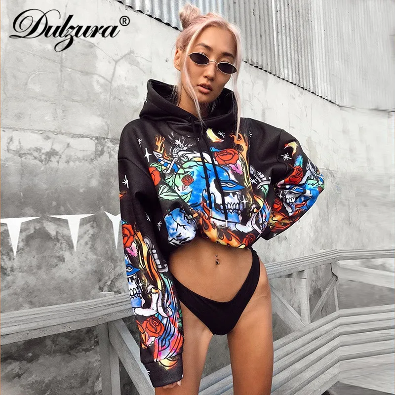 Cena Dulzura 2019 jesienno zimowa damska długa bluza pulower ponadgabarytowa moda uliczna z kapturem odzież festiwalowa gothic flame print loose