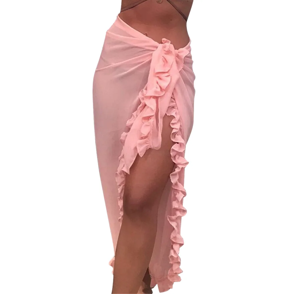 

2020 Women Beach Skirt Ruffles Sarong Bikini Cover Up Chiffon Wrap Mesh Dresses Pure Color Sexy Summer Beach Dress Bathing Suit