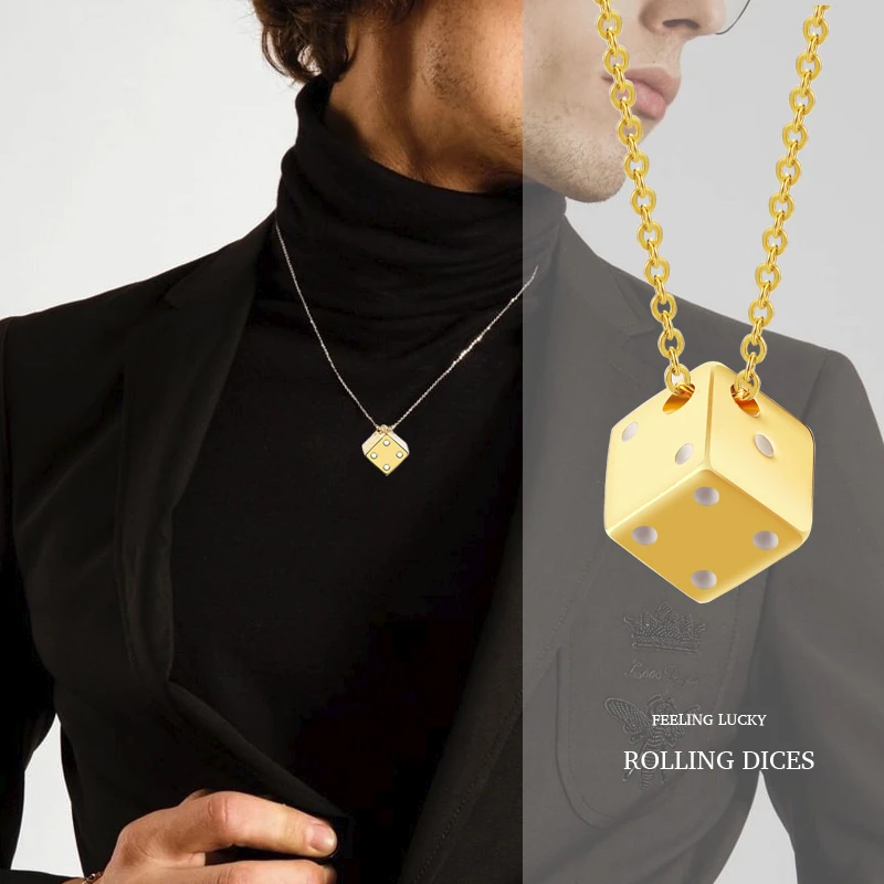 ROLLING DICES FEELING LUCKY DICE SHAPED STAINLESS STEEL PENDANT NECKLACE IN GOLD COLOR
