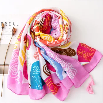 

KYQIAO Spain Fashion cartoon print Viscose Shawl hijab scarf Women lolita High Quality Pashmina Stole Bufandas Muslim Hijab
