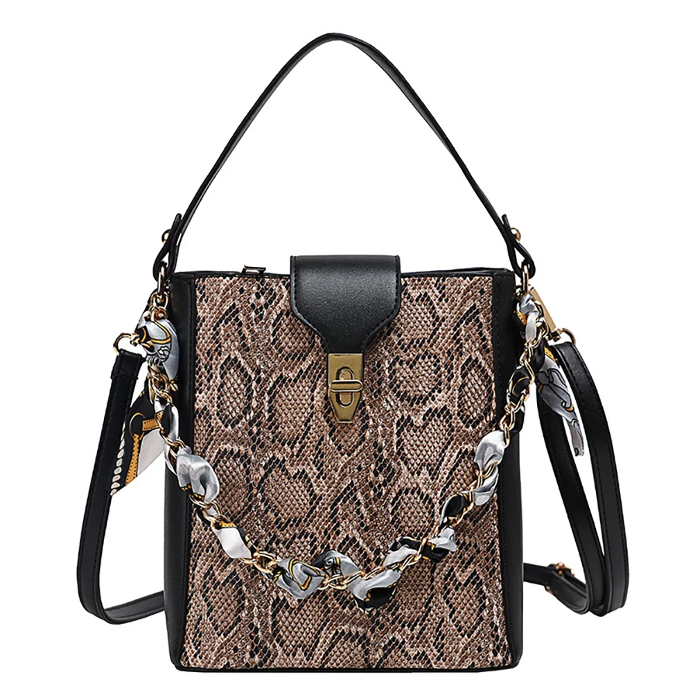 

women shoulder bucket bag 2020 new fashion glamorous snake print element pu leather mental lock catch big capacity ladies
