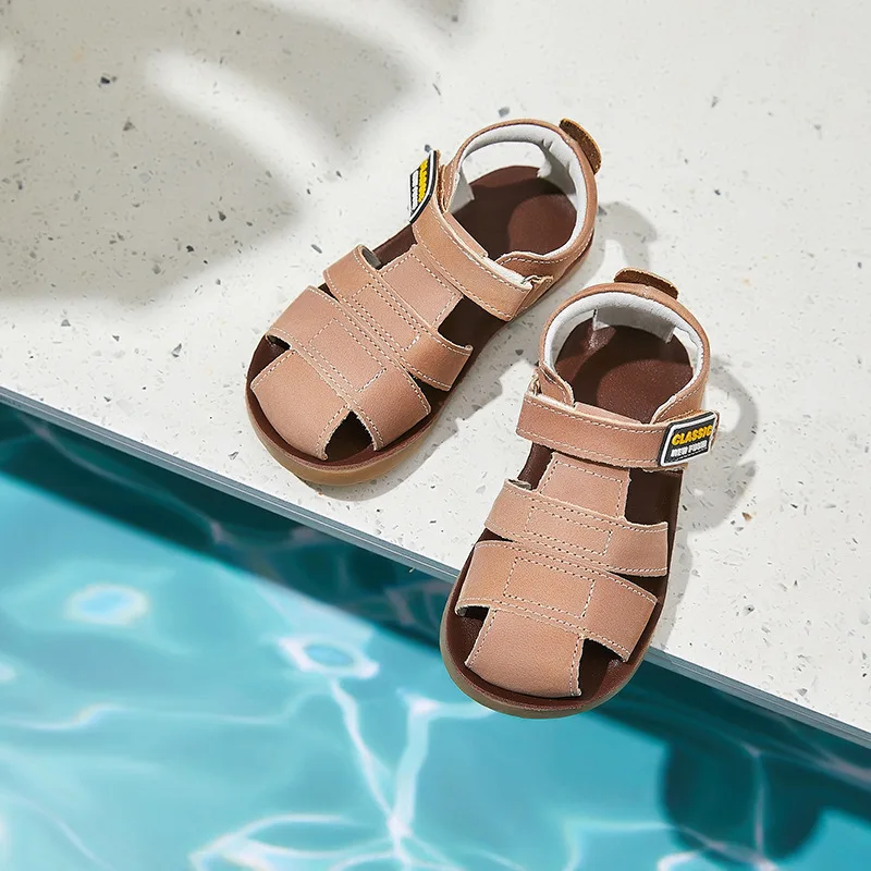 Children frosted genuine leather beach sandals boys barefoot non-slip sandals with cowhide lining baby soft Navy blue