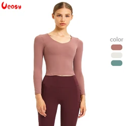 Ueasy Long Sleeve Fitness Workout Shirts Women Crop Tops with Built In Bra Buttery Soft V Neck Athletic Gym Shirts Sweatshirts