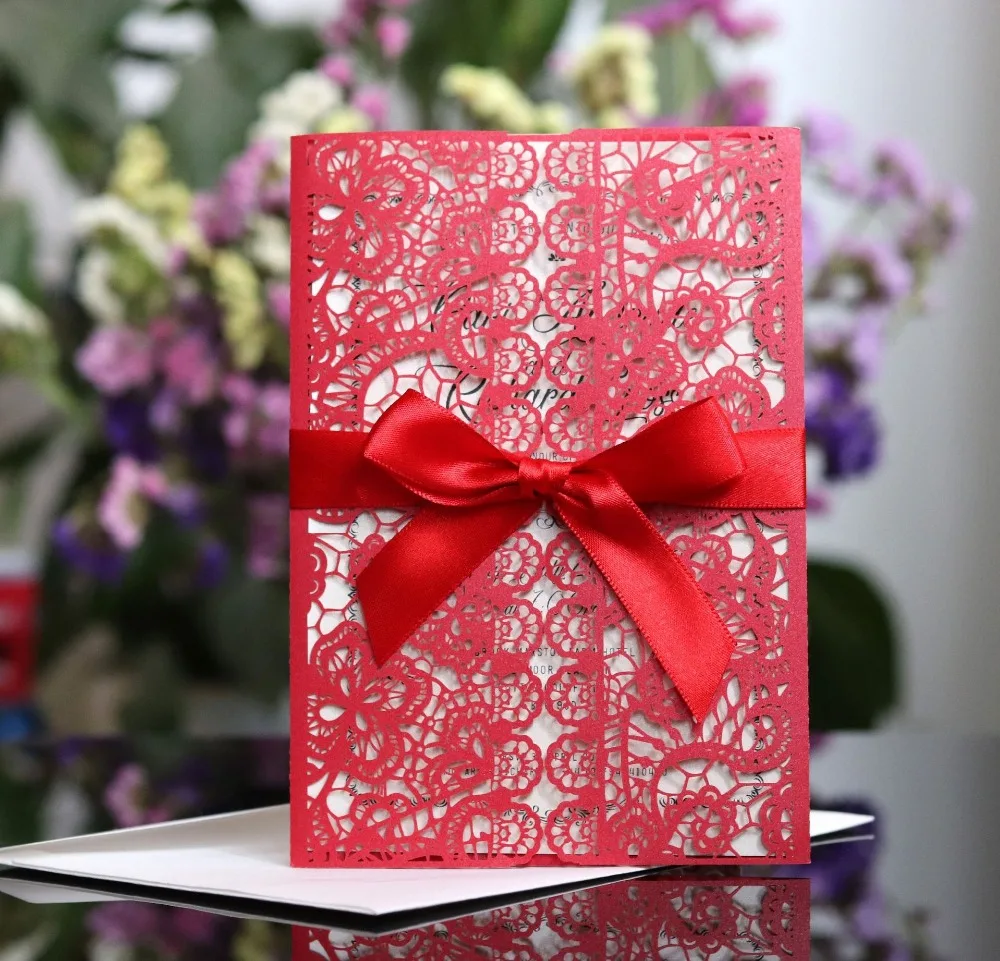 10pcs Elegant Luxury Flora Laser Cut Wedding Invitations Card Paper With Ribbon Envelopes Customize Party Wedding Decoration
