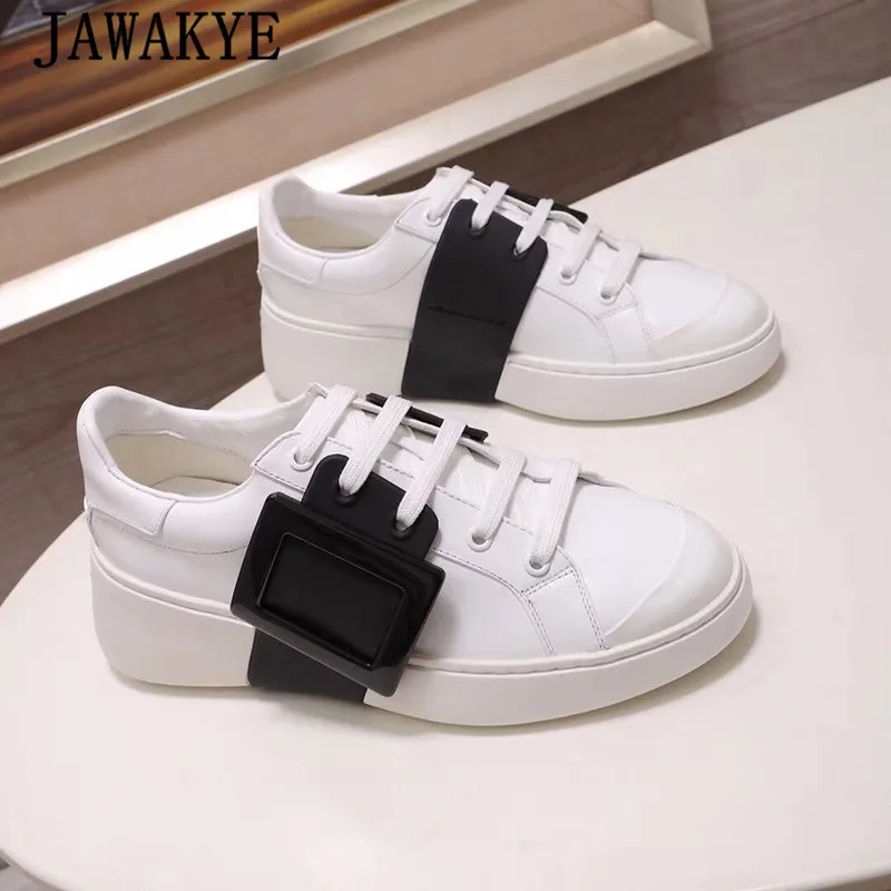 Модные женские слипоны на плоской подошве; удобные Сникеры на платформе из натуральной кожи; разноцветная повседневная женская обувь с большой пряжкой - Цвет: black