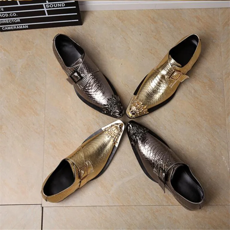 British Men's Genuine Leather Shoes gold/ Silver Business Party Dress Shoes Fashion Flat Wedding Men Gentleman Oxford Shoes