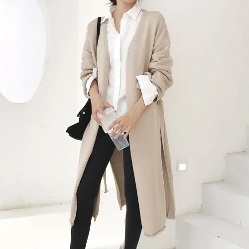 light khaki Осенне-зимний модный женский свободный вязаный кардиган с длинным рукавом, Женский вязаный кардиган - Цвет: light khaki