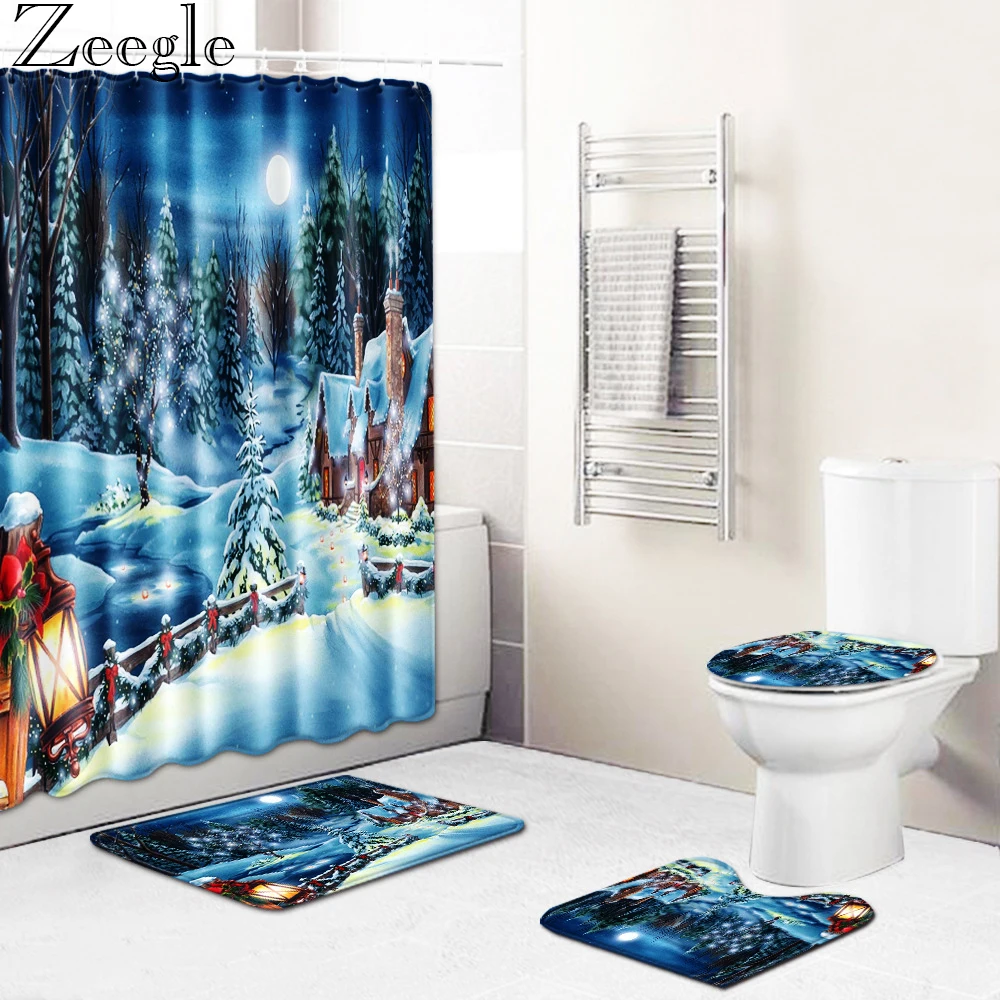 Zeegle Christmas Bath Curtain Waterproof Shower Curtain Non-slip Bathroom Carpet Set Toilet Cover Mat Absorbent Bathroom Rug Set