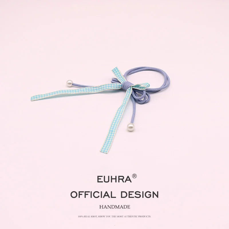 EUHRA, 6 цветов, клетчатая лента, жемчуг, мода для девушек, стримеры для волос, трикотажные резинки для волос, конский хвост, головной убор, женские аксессуары для волос - Цвет: Color 2