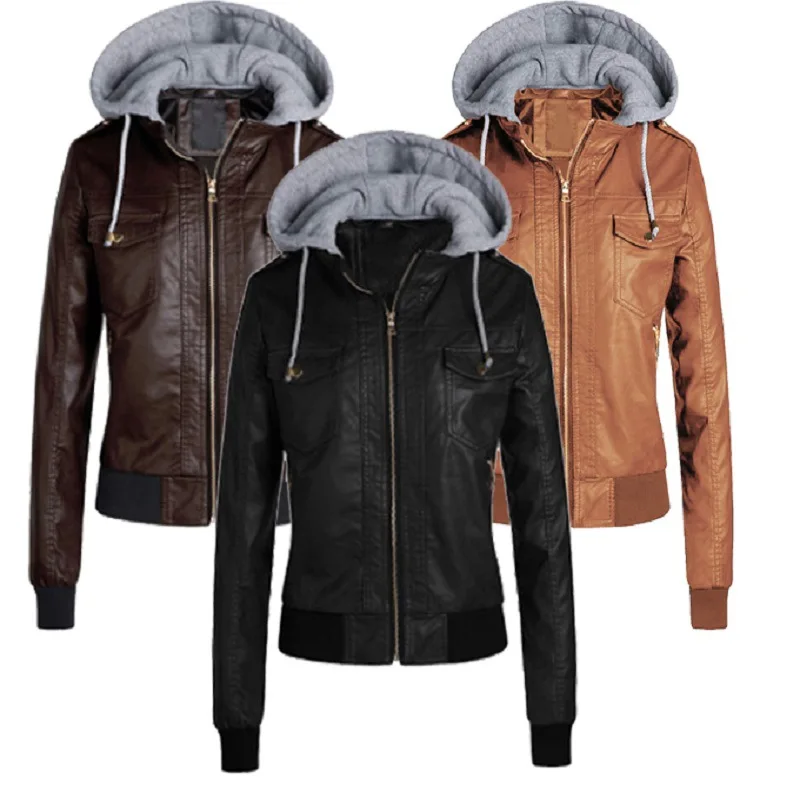 Женское осеннее и зимнее популярное кожаное пальто, женская шапка со съемной бархатной утолщенной кожаной курткой