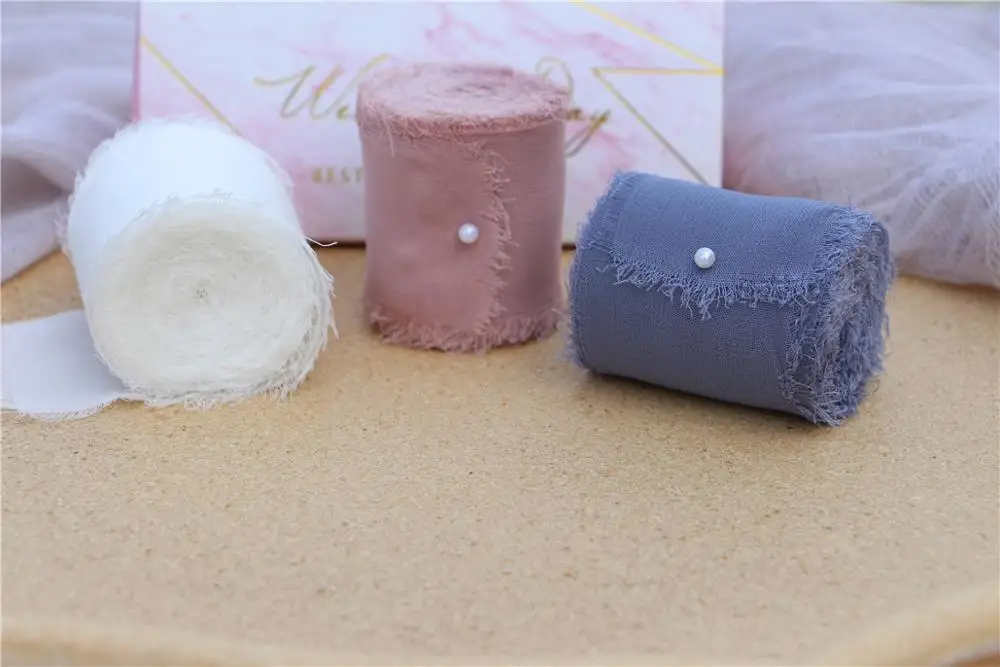 Ivory DustyRose Blue 3 шт. отвесные потертые обрезные шифоновые шелковые ленты Свадебные приглашения букеты ручной работы лента с бахромой рукоделие Подарочная упаковка Flatlays Prop - Цвет: Ivory DustyRose Blue