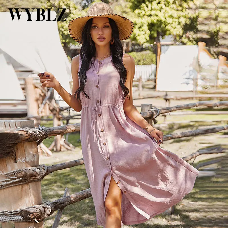 

Women autumn Dress 2021 solid Leisure Vacation Beach Long Dresses elegant Casual V-Neck single breasted Dress For Women Robe