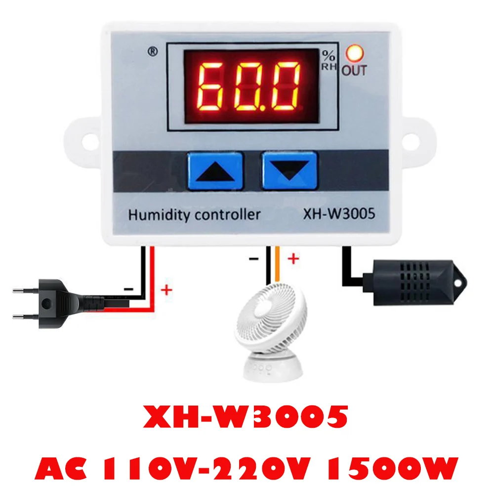 AC 110V-220V 1500W XH-W3005 цифровой регулятор влажности 220 в 12 В 24 В гигрометр переключатель контроля влажности 0~ 99% RH гигростат с датчиком влажности 1500 Вт - Color: AC 110V-220V 1500W