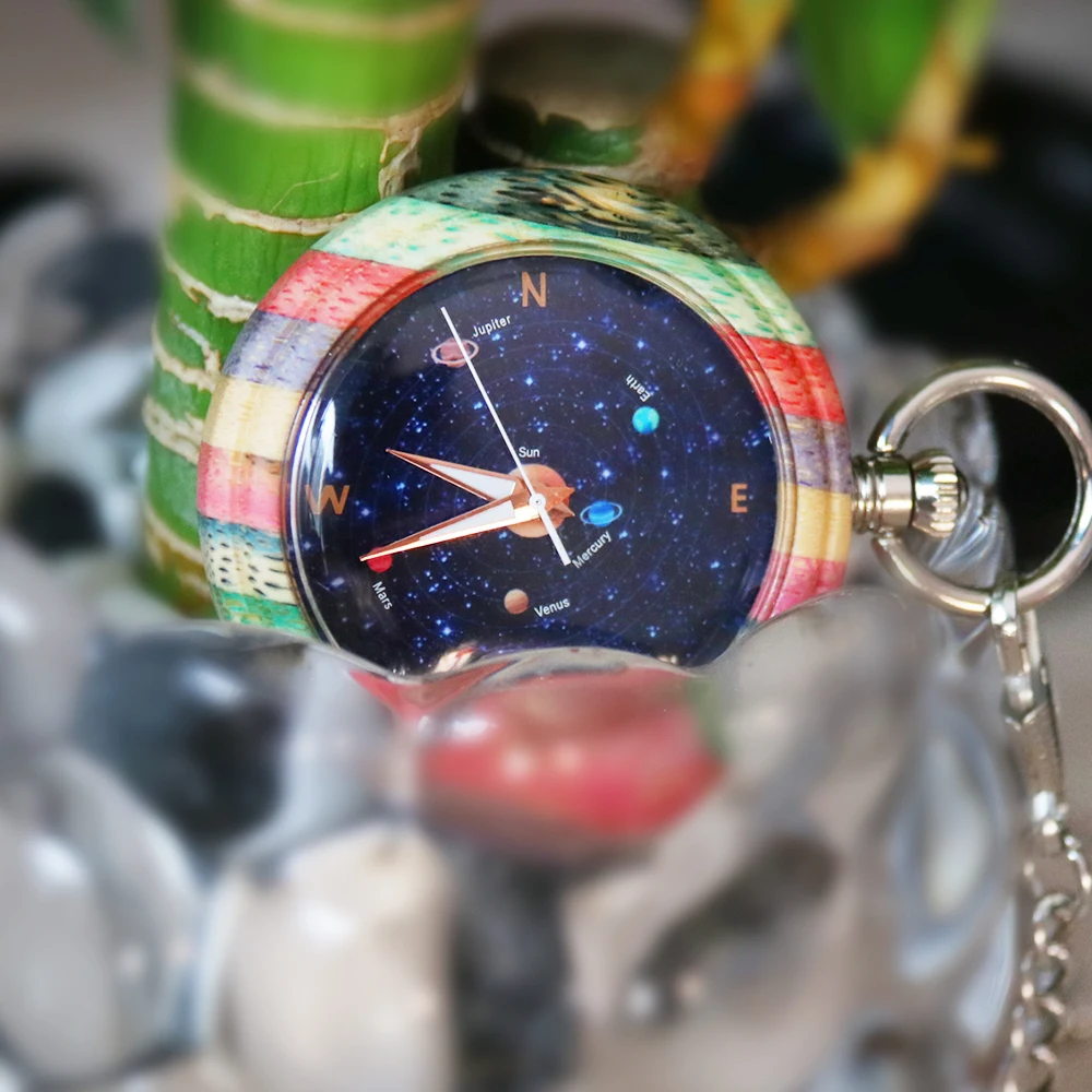 Novel Colorful Bamboo Wood Quartz Pocket Watch Round Dial Wooden Pendant Pocket Clock Men Women with Chain