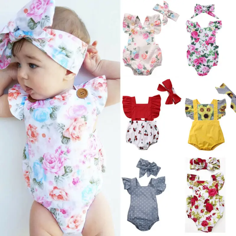 

Pudcoco Baby Summer Clothing Newborn Baby Girl Flower Ruffle Bodysuits Flying Sleeve Jumpsuit with Headband Grows Outfit Clothes